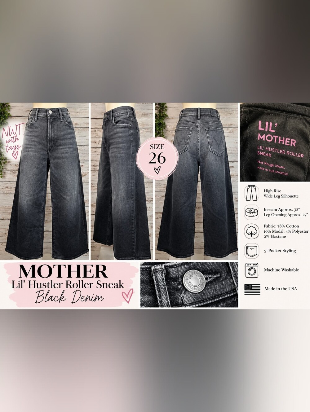 MOTHER Lil’ Hustler Roller Sneak High Rise Wide Leg Jeans 26 Black